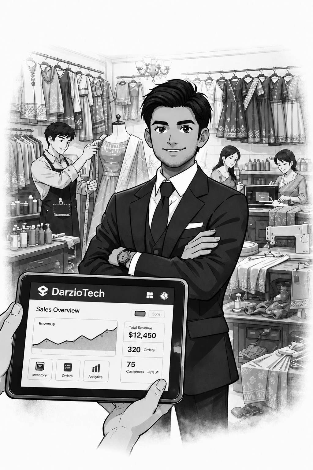 DarzioTech app dashboard — India's smart tailoring boutique management platform for order tracking, measurements, and staff management